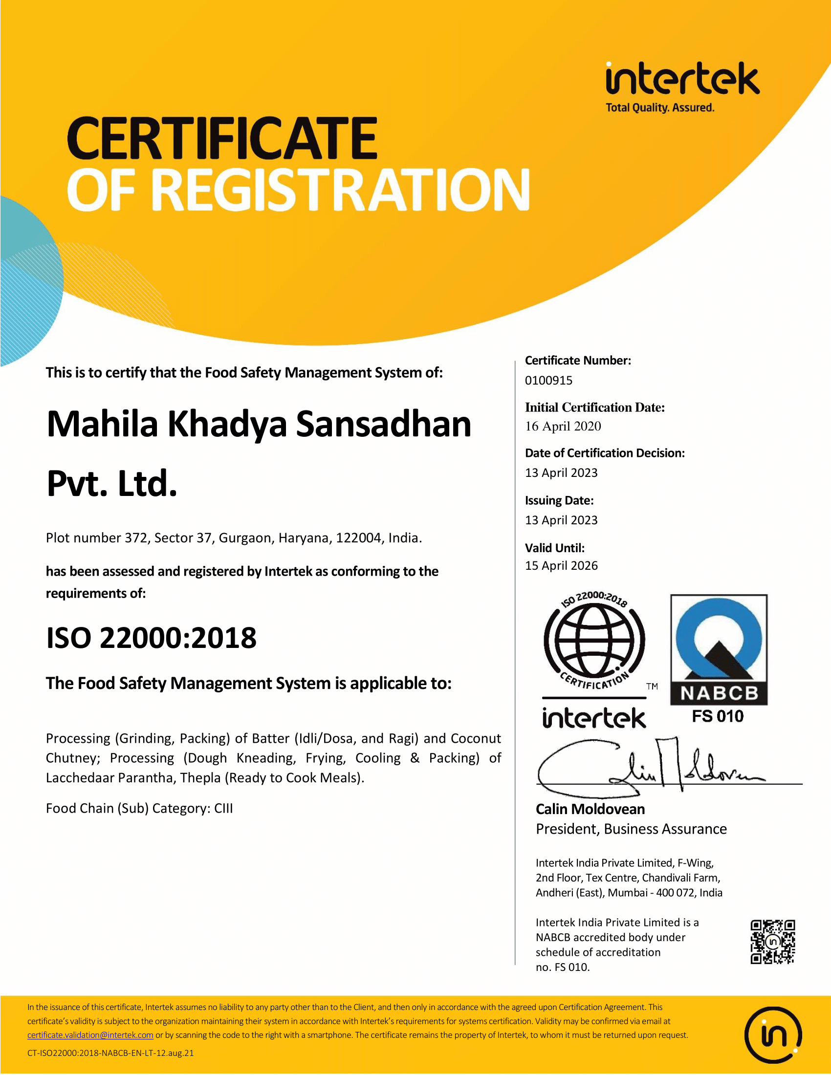 FSMS Certificate- Mahila Khadya Sansadhan Pvt LTD-1